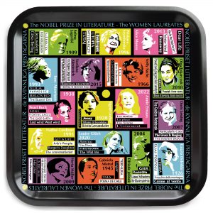 bricka 32x32cm: "Författarinnorna som erhållit Nobelpriset i Litteratur 1901-2022"